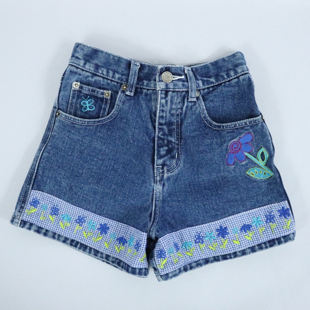 Route 66 Blue Denim Floral Embroidered Shorts Kids VTG Y2K 90s girls Size 7